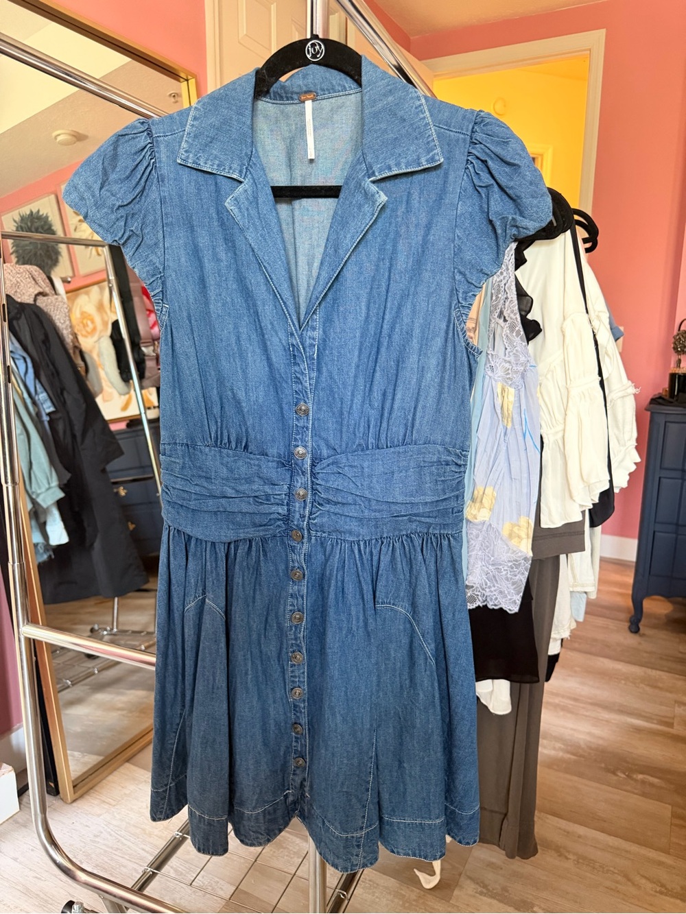 Free People Denim Button-Front Mini Dress in Blue